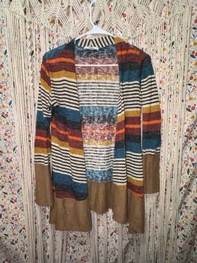 Boho Striped Cardigan Womens Open Front Asymmetrical Faux Suede Eloges Fall